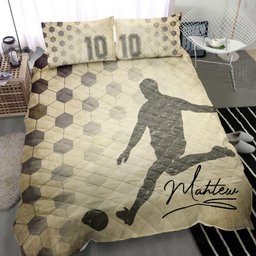 Personalized Soccer Quilt Bedding Set, Soccer Ball Beige Quilt Blanket With Pillowcases, Custom Name and Number Duvet Cover Set