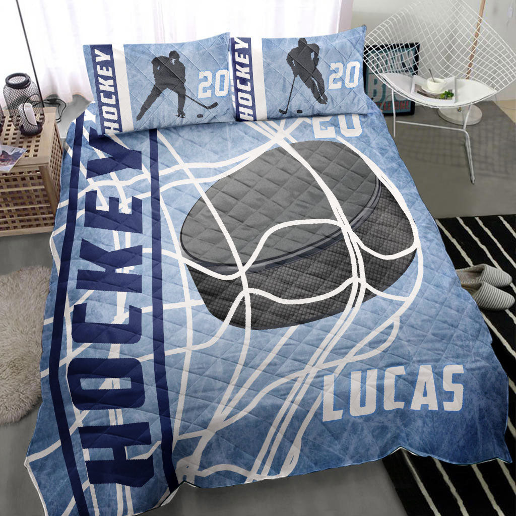 Personalized Hockey Quilt Bedding Set, Ice Hockey Puck Blue Quilt Blanket With Pillowcases, Custom Name and Number Duvet Cover Set