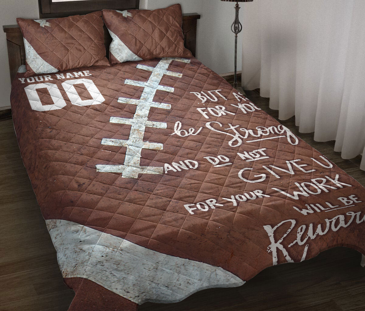 Personalized Football Quilt Bedding Set, American Football Be Strong Ball Quilt Blanket With Pillowcases, Custom Name and Number Duvet Cover Set