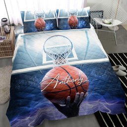 Personalized Basketball Quilt Bedding Set, Basketball Ball Jump Shot Quilt Blanket With Pillowcases, Custom Name and Number Duvet Cover Set