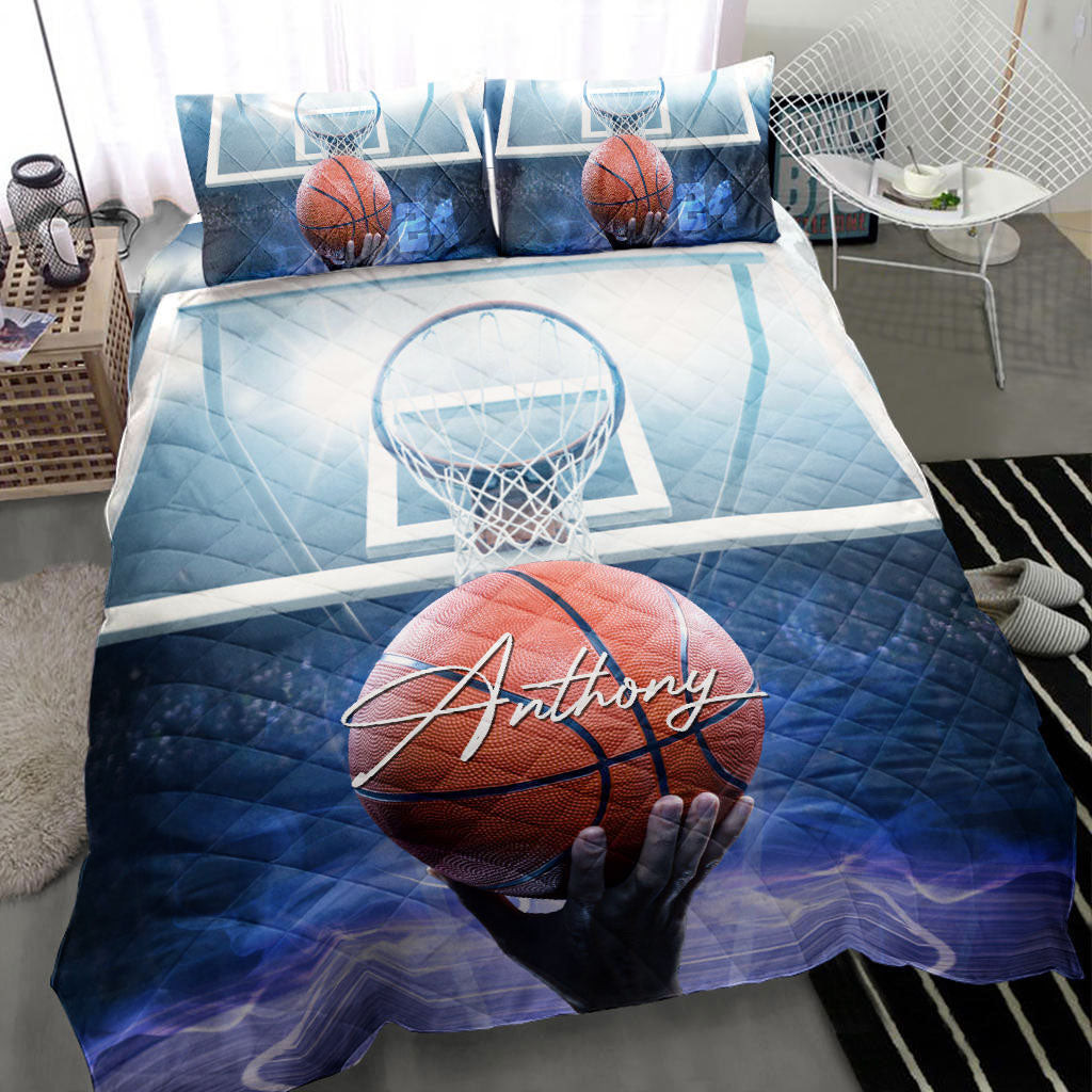 Personalized Basketball Quilt Bedding Set, Basketball Ball Jump Shot Quilt Blanket With Pillowcases, Custom Name and Number Duvet Cover Set
