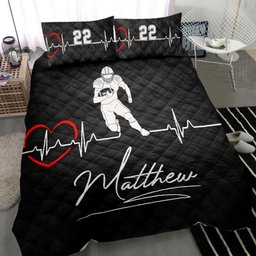 Personalized Football Quilt Bedding Set, Football In My Heart Beat Black Quilt Blanket With Pillowcases, Custom Name and Number Duvet Cover Set