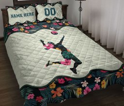Personalized Volleyball Quilt Bedding Set, Volleyball Girl Flower Quilt Blanket With Pillowcases, Custom Name and Number Duvet Cover Set