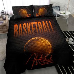 Personalized Basketball Quilt Bedding Set, Basketball Ball Light Orange Quilt Blanket With Pillowcases, Custom Name and Number Duvet Cover Set