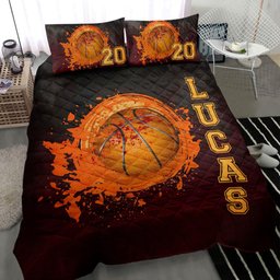 Personalized Basketball Quilt Bedding Set, Watercolor Basketball Ball Quilt Blanket With Pillowcases, Custom Name and Number Duvet Cover Set