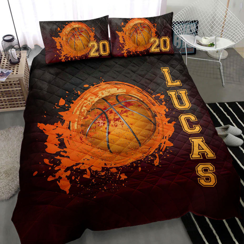 Personalized Basketball Quilt Bedding Set, Watercolor Basketball Ball Quilt Blanket With Pillowcases, Custom Name and Number Duvet Cover Set
