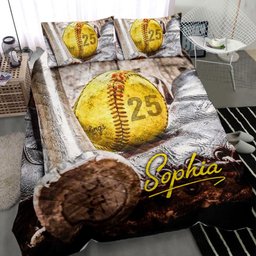 Personalized Softball Quilt Bedding Set, Softball Ball Bat Quilt Blanket With Pillowcases, Custom Name and Number Duvet Cover Set