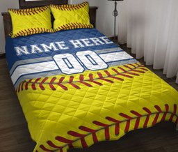 Personalized Softball Quilt Bedding Set, Softball Gear Quilt Blanket With Pillowcases, Custom Name and Number Duvet Cover Set