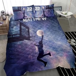 Personalized Basketball Quilt Bedding Set, Basketball Sky Moon Galaxy Boy Quilt Blanket With Pillowcases, Custom Name and Number Duvet Cover Set