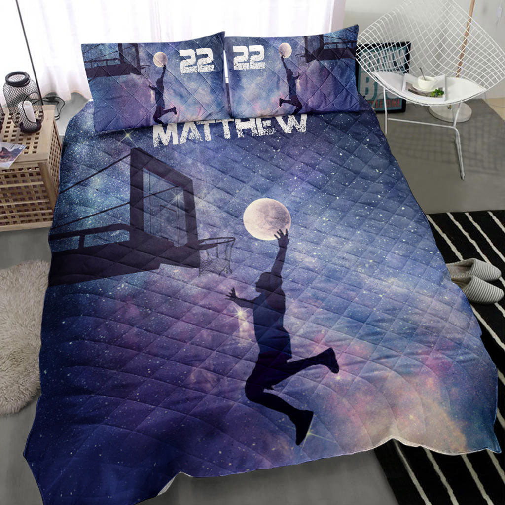 Personalized Basketball Quilt Bedding Set, Basketball Sky Moon Galaxy Boy Quilt Blanket With Pillowcases, Custom Name and Number Duvet Cover Set