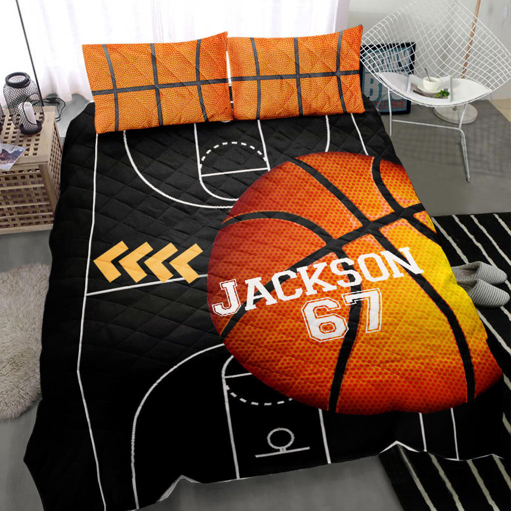 Personalized Basketball Quilt Bedding Set, Basketball Ball Field Quilt Blanket With Pillowcases, Custom Name and Number Duvet Cover Set