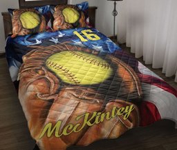Personalized Softball Quilt Bedding Set, Softball Glove US Flag Quilt Blanket With Pillowcases, Custom Name and Number Duvet Cover Set