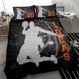 Personalized Basketball Quilt Bedding Set, Basketball Player Posing Black Quilt Blanket With Pillowcases, Custom Name and Number Duvet Cover Set