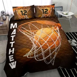 Personalized Basketball Quilt Bedding Set, Basketball Ball Orange Quilt Blanket With Pillowcases, Custom Name and Number Duvet Cover Set