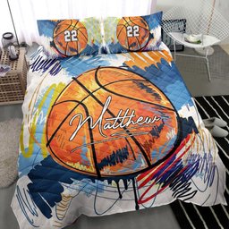 Personalized Basketball Quilt Bedding Set, Basketball Ball Watercolor Quilt Blanket With Pillowcases, Custom Name and Number Duvet Cover Set