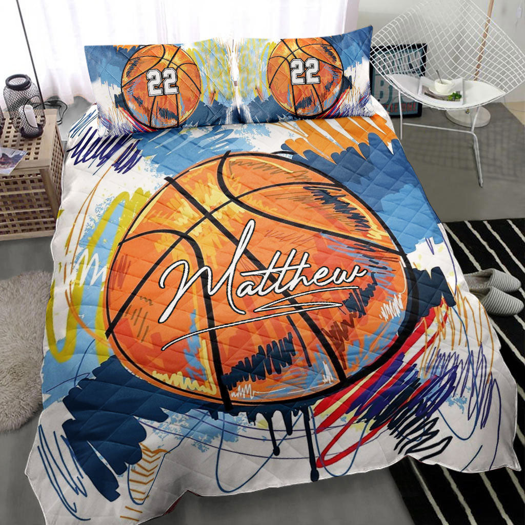 Personalized Basketball Quilt Bedding Set, Basketball Ball Watercolor Quilt Blanket With Pillowcases, Custom Name and Number Duvet Cover Set