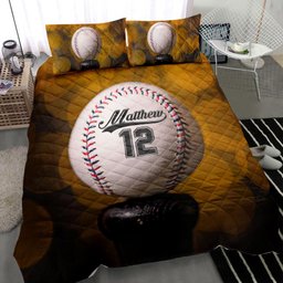 Personalized Baseball Quilt Bedding Set, Baseball Ball On Bat Quilt Blanket With Pillowcases, Custom Name and Number Duvet Cover Set, Sports Gifts