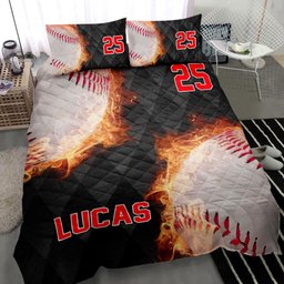 Personalized Baseball Quilt Bedding Set, Baseball Fire Ball Black Quilt Blanket With Pillowcases, Custom Name and Number Duvet Cover Set, Sports Gifts