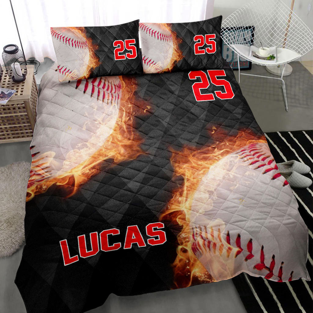 Personalized Baseball Quilt Bedding Set, Baseball Fire Ball Black Quilt Blanket With Pillowcases, Custom Name and Number Duvet Cover Set, Sports Gifts