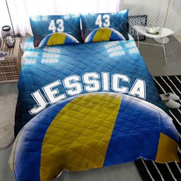 Personalized Volleyball Quilt Bedding Set, Volleyball Ball Stadium Blue Quilt Blanket With Pillowcases, Custom Name and Number Duvet Cover Set