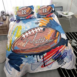 Personalized Football Quilt Bedding Set, Football Watercolor Ball Quilt Blanket With Pillowcases, Custom Name and Number Duvet Cover Set