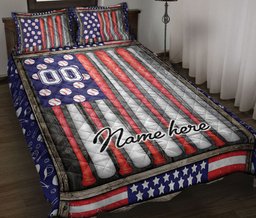 Personalized Baseball Quilt Bedding Set, Baseball Bat US Flag Baseball Quilt Blanket With Pillowcases, Custom Name and Number Duvet Cover Set, Sports Gifts