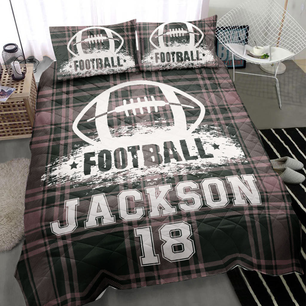 Personalized Football Quilt Bedding Set, Football Ball Checkered Plaid Quilt Blanket With Pillowcases, Custom Name and Number Duvet Cover Set