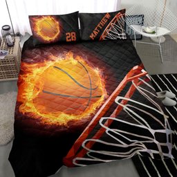 Personalized Basketball Quilt Bedding Set, Fire Basketball Black Quilt Blanket With Pillowcases, Custom Name and Number Duvet Cover Set