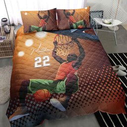 Personalized Basketball Quilt Bedding Set, Basketball Boy Dot Quilt Blanket With Pillowcases, Custom Name and Number Duvet Cover Set