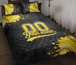 Personalized Softball Quilt Bedding Set, Softball Watercolor Yellow Ball Quilt Blanket With Pillowcases, Custom Name and Number Duvet Cover Set