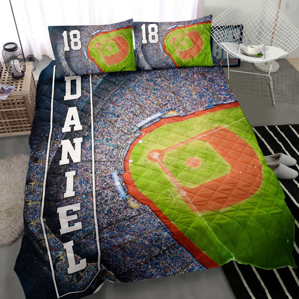 Personalized Baseball Quilt Bedding Set, Baseball Field Stadium Quilt Blanket With Pillowcases, Custom Name and Number Duvet Cover Set, Sports Gifts