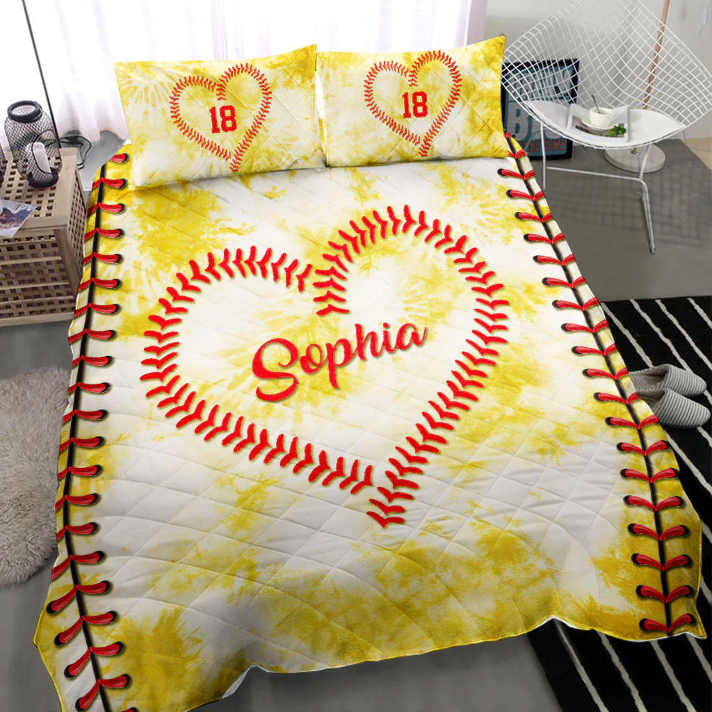 Personalized Softball Quilt Bedding Set, Softball Lace Yellow Heart Quilt Blanket With Pillowcases, Custom Name and Number Duvet Cover Set