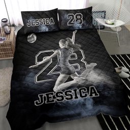 Personalized Volleyball Quilt Bedding Set, Volleyball Girl Posing Black Quilt Blanket With Pillowcases, Custom Name and Number Duvet Cover Set