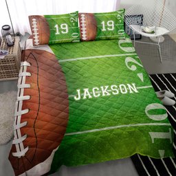 Personalized Football Quilt Bedding Set, Football Ball Field Green Quilt Blanket With Pillowcases, Custom Name and Number Duvet Cover Set