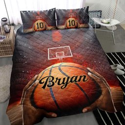 Personalized Basketball Quilt Bedding Set, Basketball Ball Throw 3D Quilt Blanket With Pillowcases, Custom Name and Number Duvet Cover Set