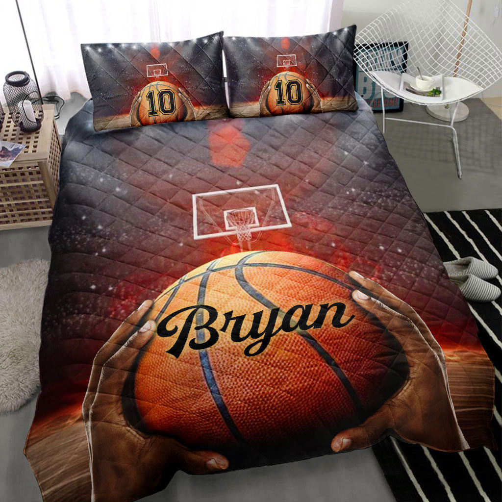Personalized Basketball Quilt Bedding Set, Basketball Ball Throw 3D Quilt Blanket With Pillowcases, Custom Name and Number Duvet Cover Set