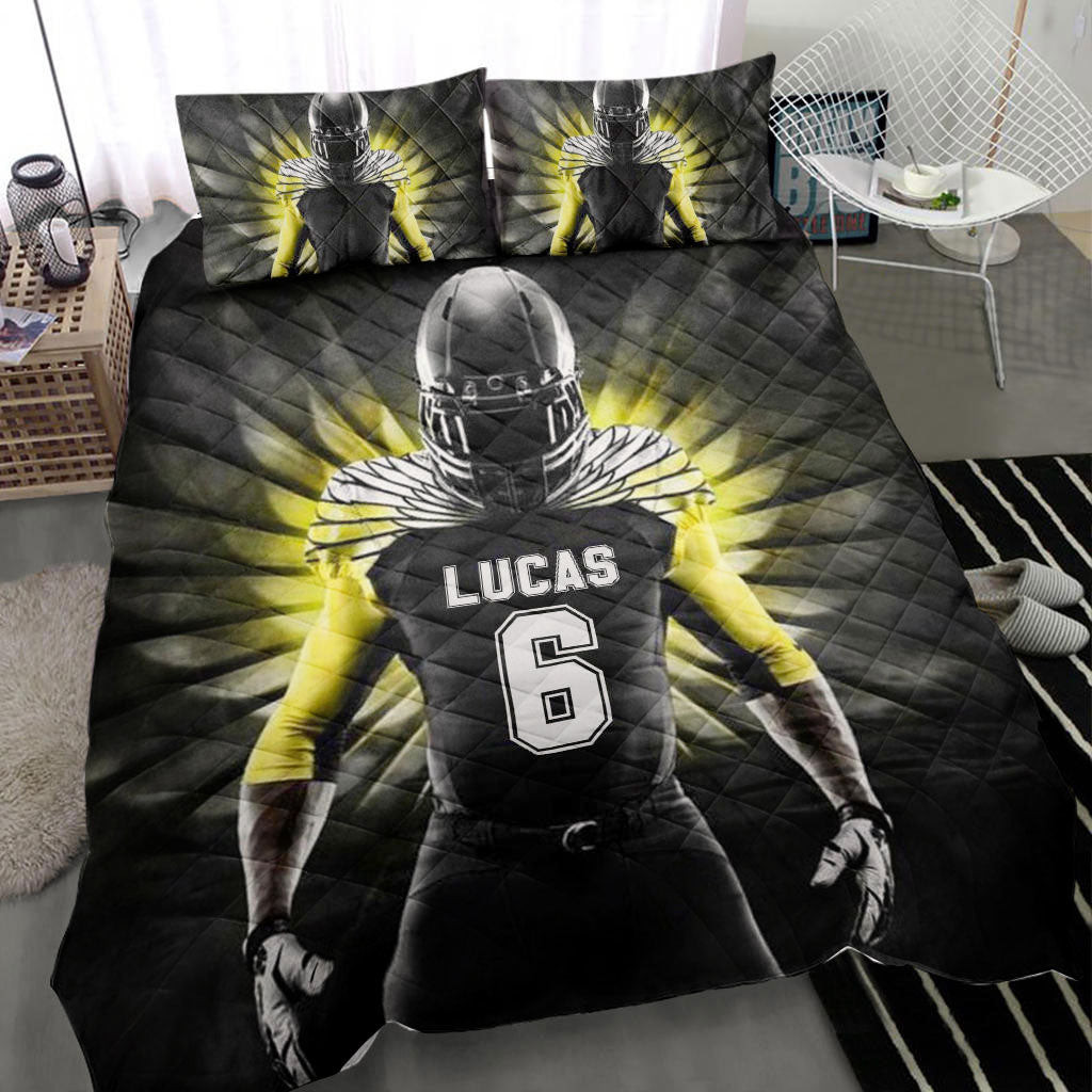 Personalized Football Quilt Bedding Set, Football Boy Warrior Angel Wings Quilt Blanket With Pillowcases, Custom Name and Number Duvet Cover Set