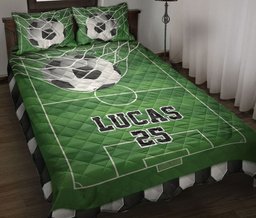 Personalized Soccer Quilt Bedding Set, Green Soccer Fied Goal Quilt Blanket With Pillowcases, Custom Name and Number Duvet Cover Set