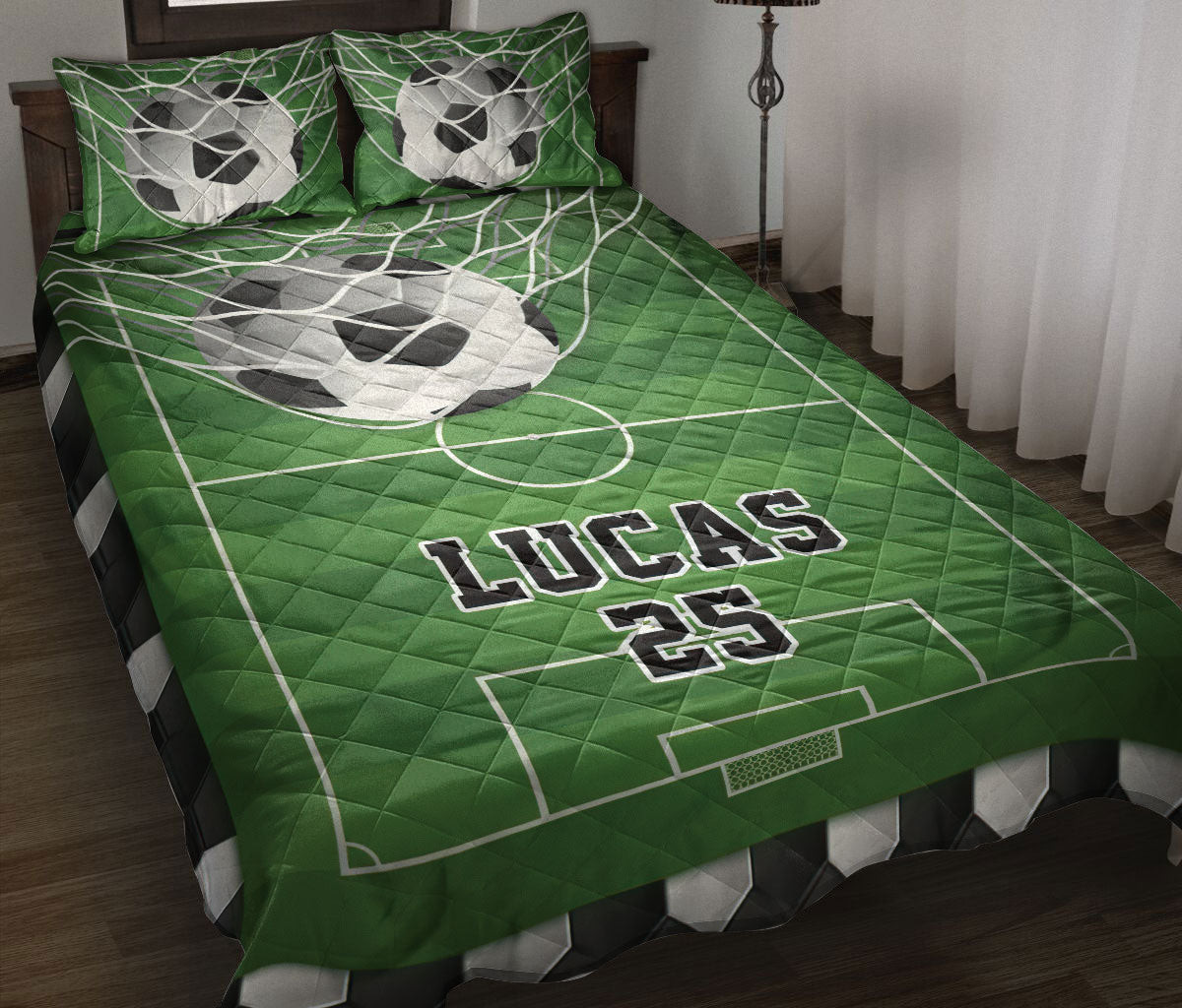 Personalized Soccer Quilt Bedding Set, Green Soccer Fied Goal Quilt Blanket With Pillowcases, Custom Name and Number Duvet Cover Set