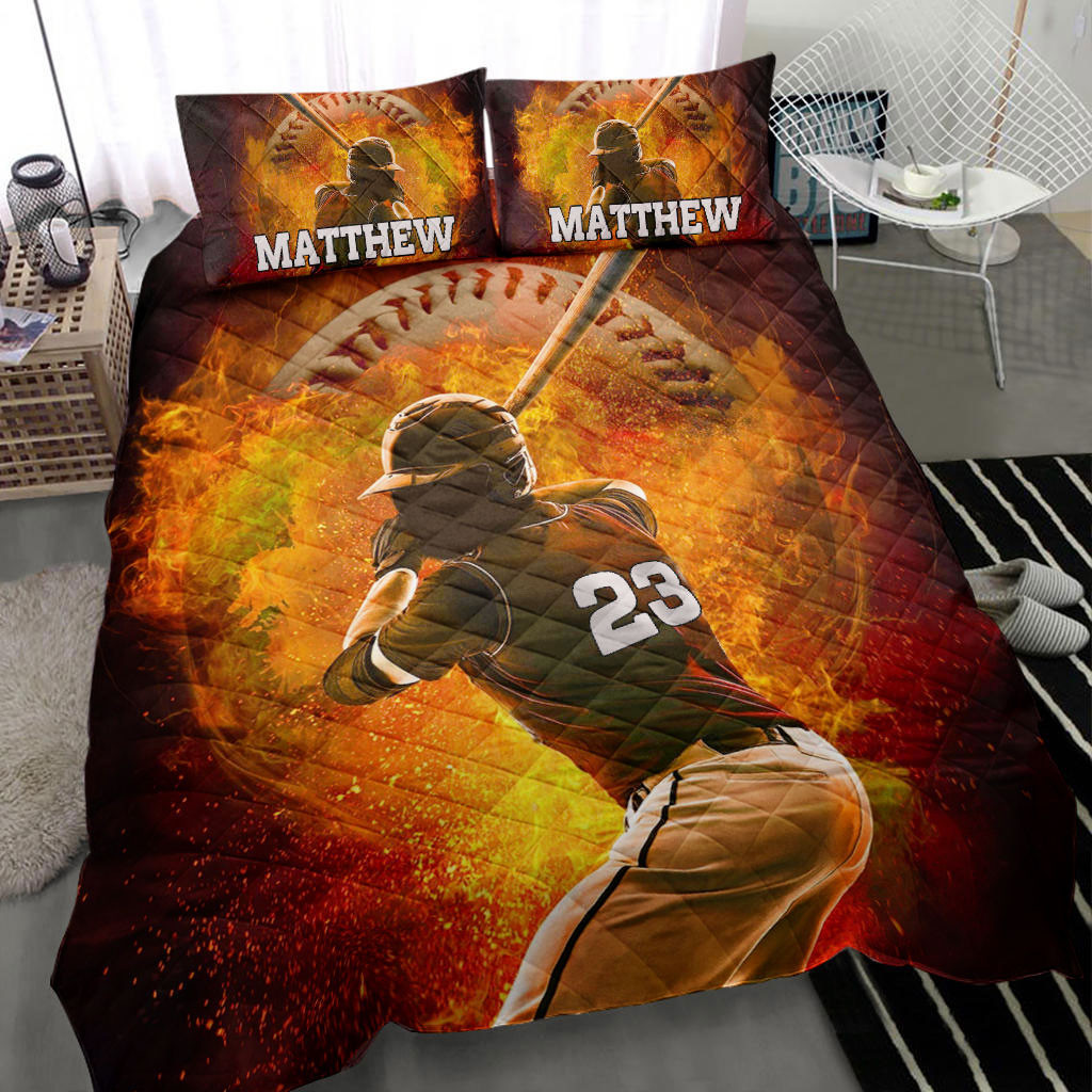 Personalized Baseball Quilt Bedding Set, Baseball Fire Batter Posing Quilt Blanket With Pillowcases, Custom Name and Number Duvet Cover Set, Sports Gifts