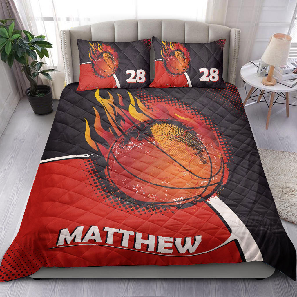 Personalized Basketball Quilt Bedding Set, Basketball Fire Ball Red Black Quilt Blanket With Pillowcases, Custom Name and Number Duvet Cover Set