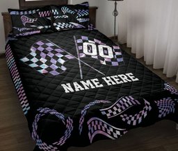 Personalized Racing Quilt Bedding Set, Racing Racer Checkered Quilt Blanket With Pillowcases, Custom Name and Number Duvet Cover Set
