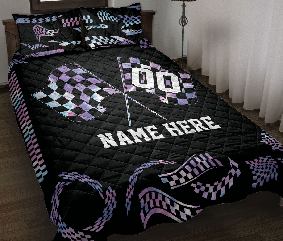Personalized Racing Quilt Bedding Set, Racing Racer Checkered Quilt Blanket With Pillowcases, Custom Name and Number Duvet Cover Set
