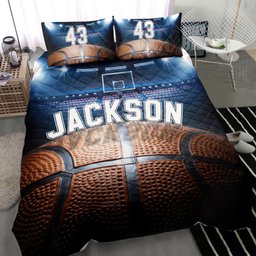 Personalized Basketball Quilt Bedding Set, Basketball Ball Courts Quilt Blanket With Pillowcases, Custom Name and Number Duvet Cover Set