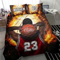 Personalized Basketball Quilt Bedding Set, Basketballs Player Fire Ball Quilt Blanket With Pillowcases, Custom Name and Number Duvet Cover Set