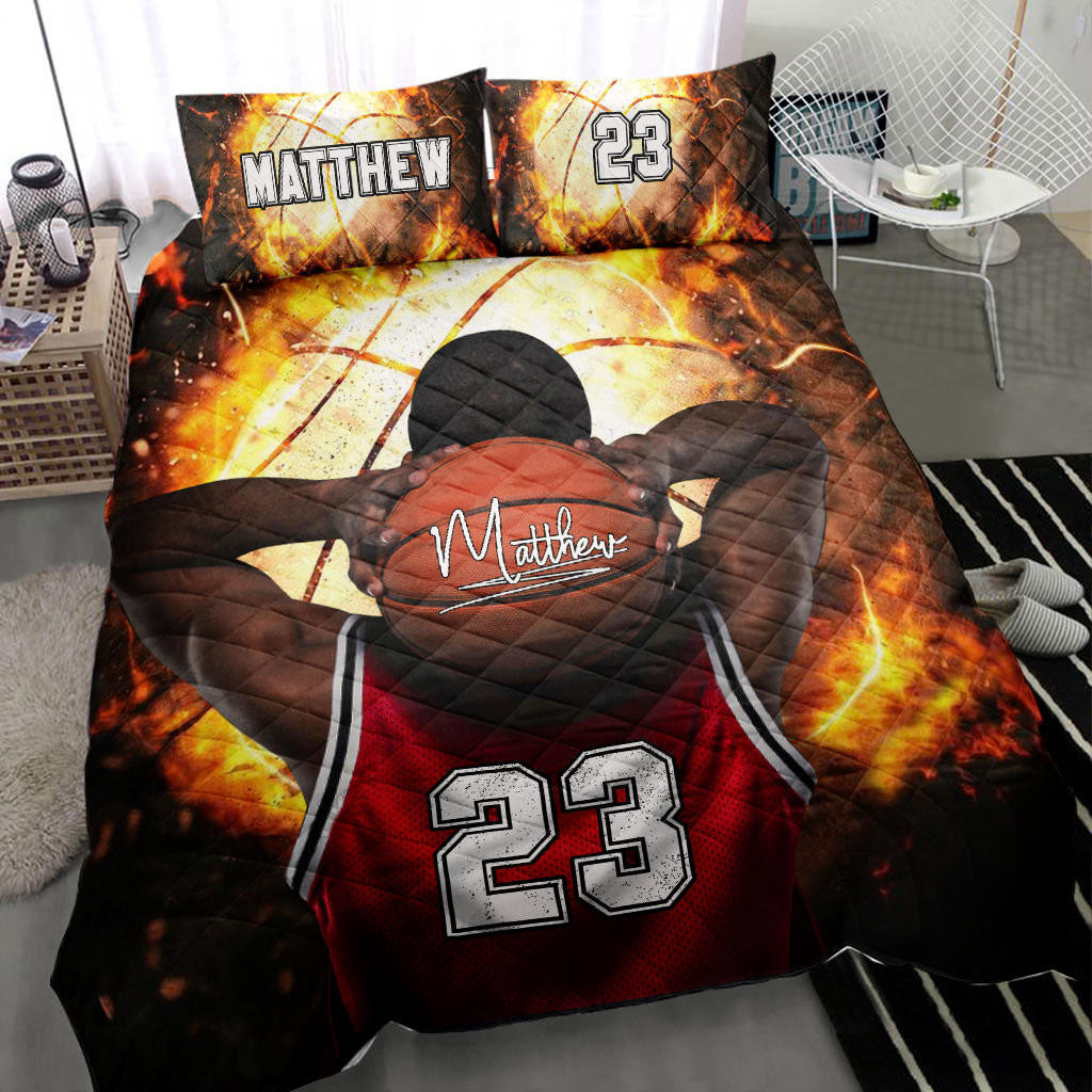Personalized Basketball Quilt Bedding Set, Basketballs Player Fire Ball Quilt Blanket With Pillowcases, Custom Name and Number Duvet Cover Set