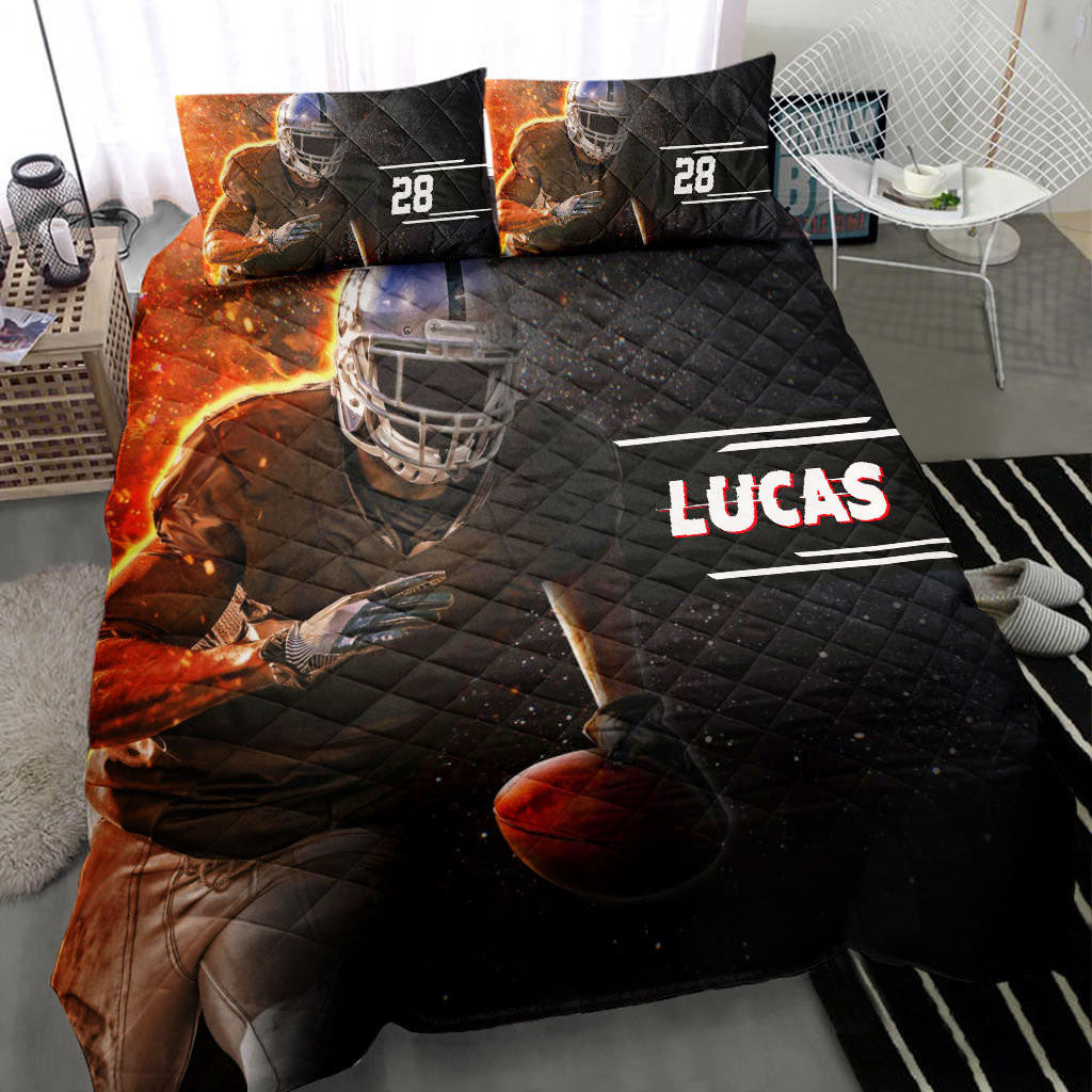 Personalized Football Quilt Bedding Set, America Football Running Black Quilt Blanket With Pillowcases, Custom Name and Number Duvet Cover Set
