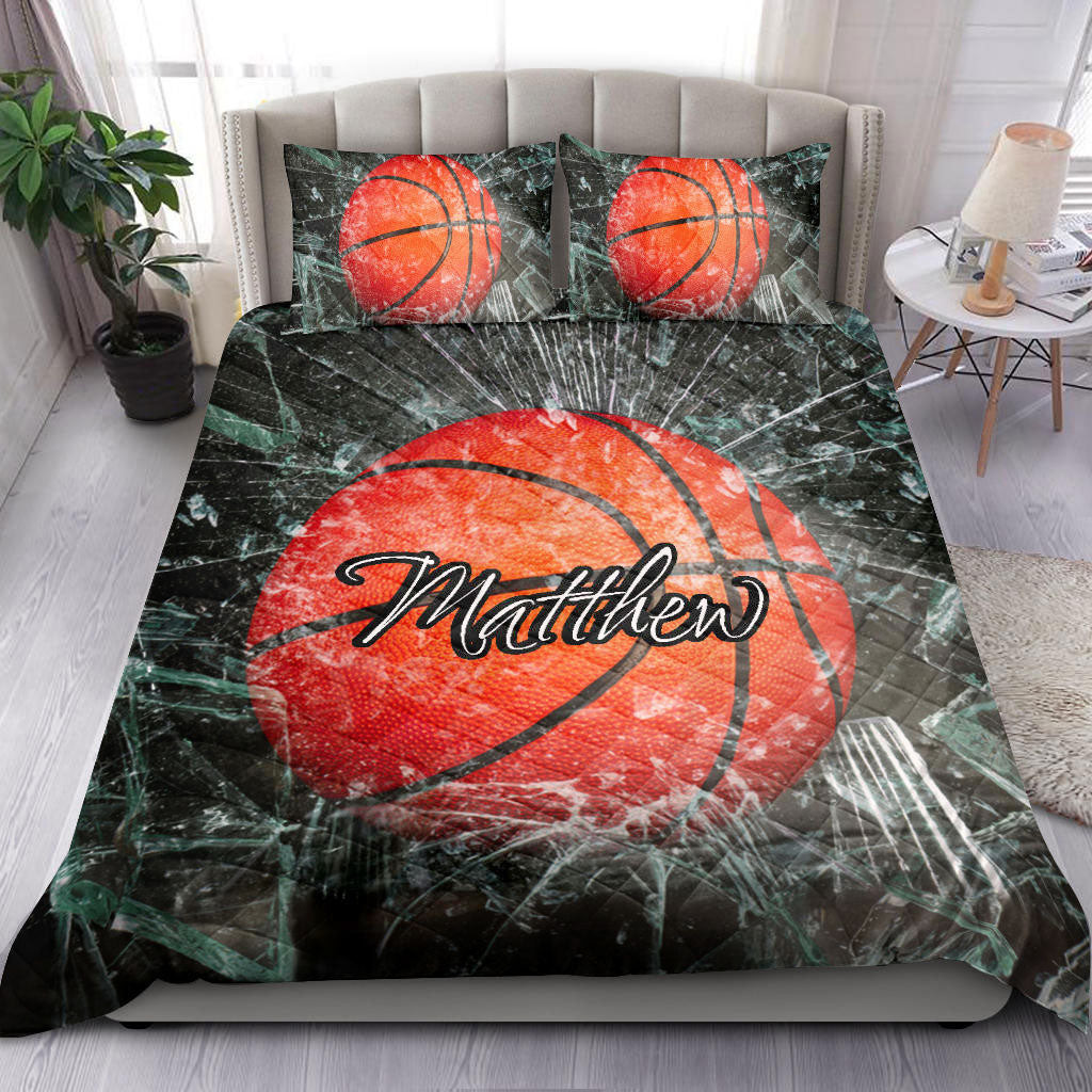 Personalized Basketball Quilt Bedding Set, Basketball Ball Break Glass Quilt Blanket With Pillowcases, Custom Name and Number Duvet Cover Set