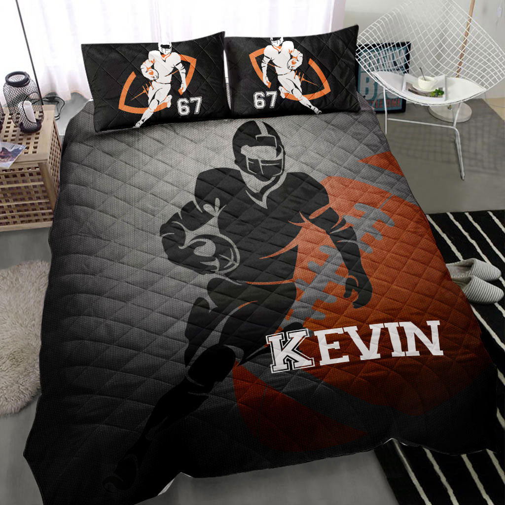 Personalized Football Quilt Bedding Set, Football Boy Grey Black Quilt Blanket With Pillowcases, Custom Name and Number Duvet Cover Set