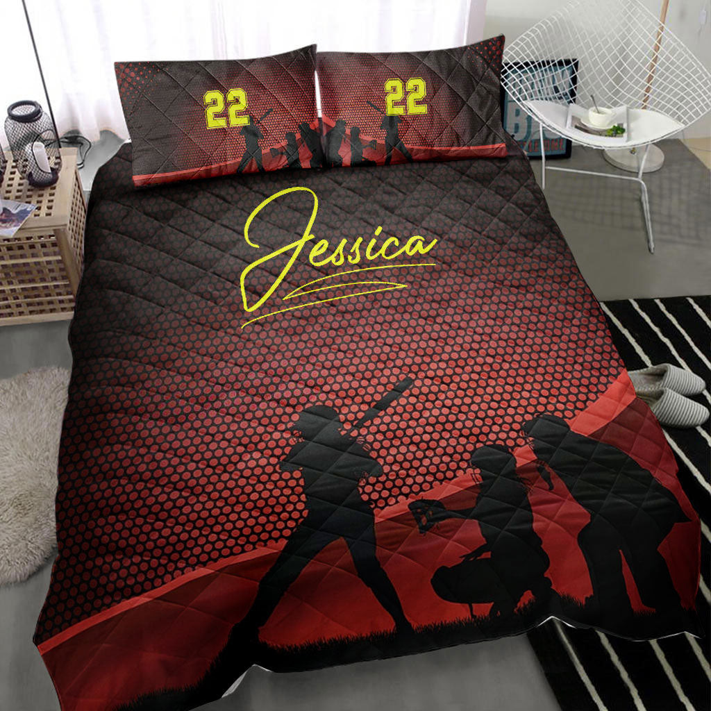Personalized Softball Quilt Bedding Set, Softball Baseball Girl Quilt Blanket With Pillowcases, Custom Name and Number Duvet Cover Set